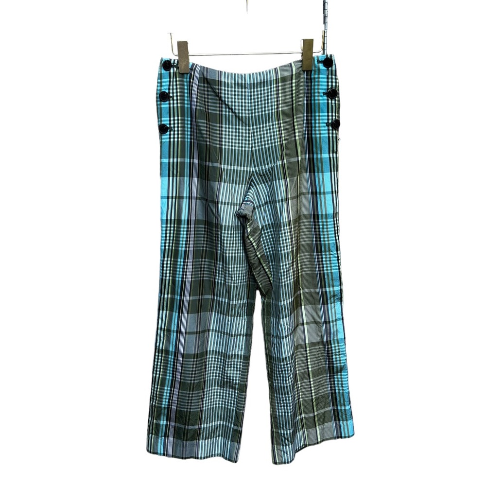Talbots Blue Green Plaid Side Buttons Detail Silk Blend Crop Dressy Pants size 4